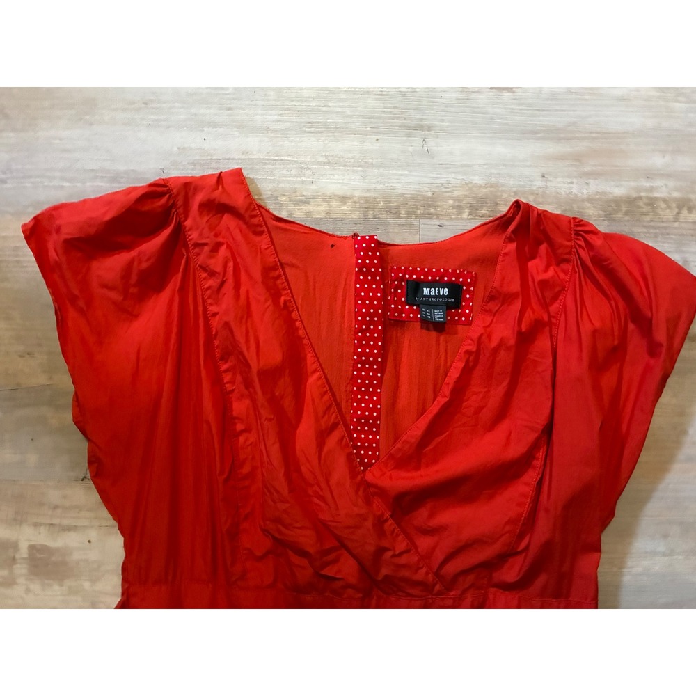 Maeve by Anthropologie Red Cotton Tiered Midi Dress Wrap Neck Tie Waist Sz 10 - Picture 3 of 6